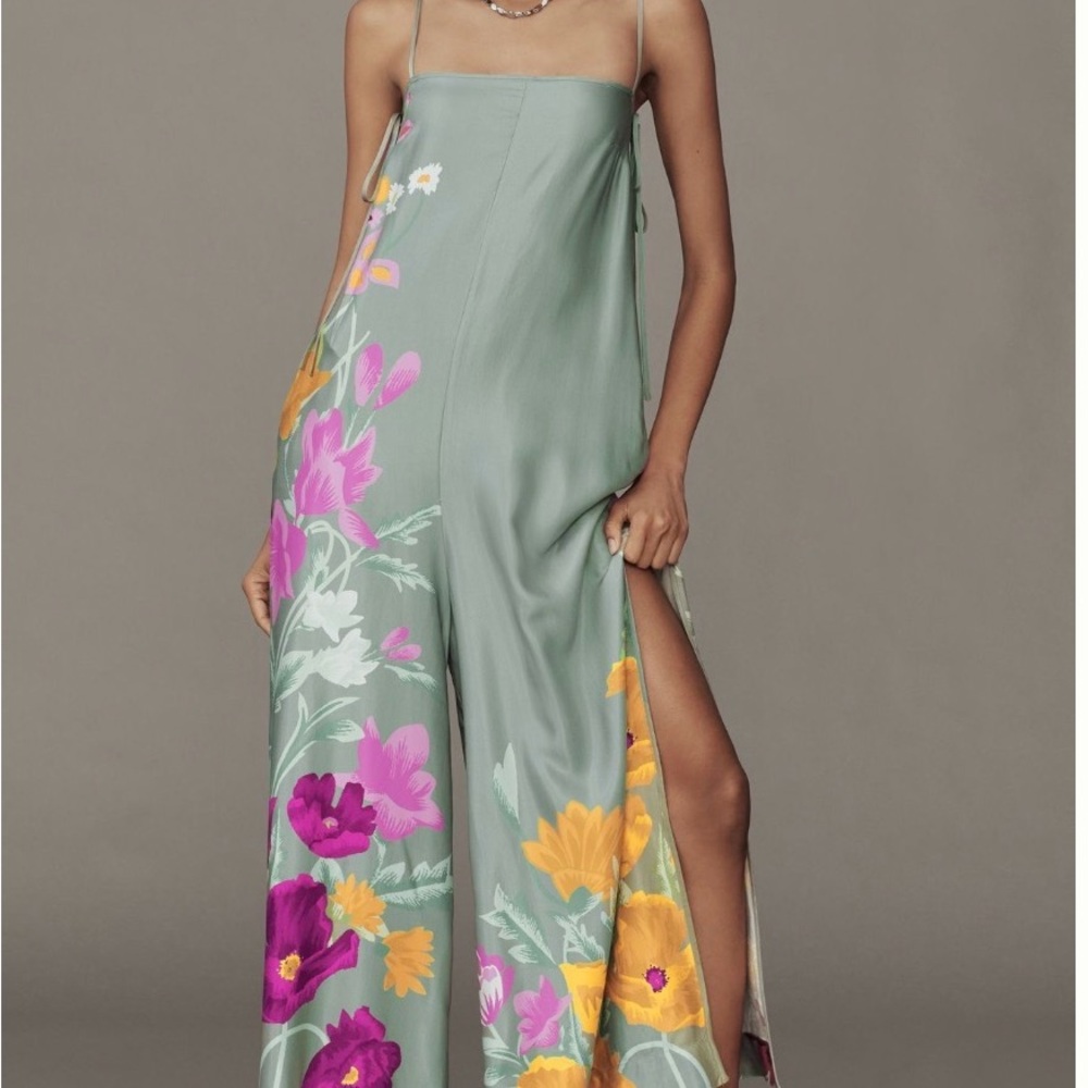 Anthropologie Strapless Dress in Green with Floral Accents
